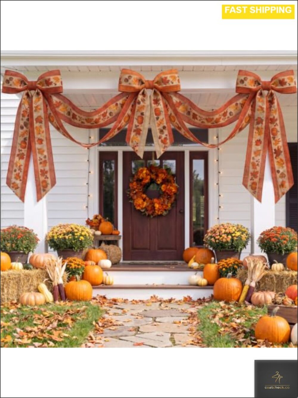 Fall Pumpkin Maple Leaf Bow Wreath Bunting Door Banner 6.5 ft Fabric